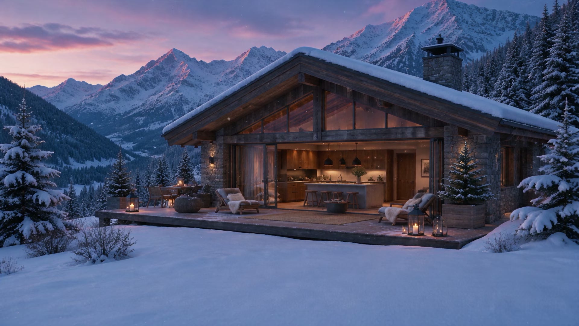 Ein Holzhaus im verschneiten Bergtal in der Abenddämmerung, die Terrasse ist mit Laternen beleuchtet.