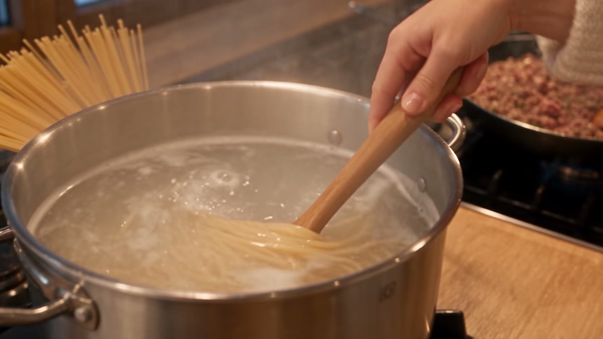 Der Spaghettilöffel aus Holz hebt Spaghetti aus dem dampfenden Topf.