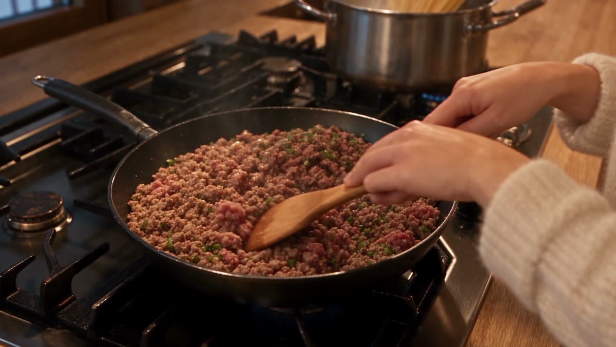 Hände rühren Hackfleisch in der Pfanne mit dem Pfannenwender aus Holz.